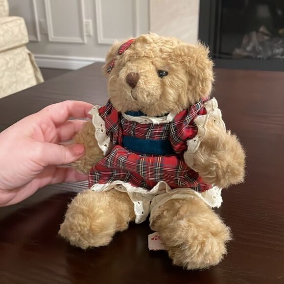 Vintage Russ Berrie, Beverly the Tan Bear From The Past Plush 10” Plaid Dress - Picture 2 of 8